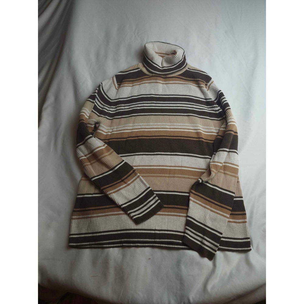 Kim Rogers Womens XL Brown Tan Striped Ribbed Turtleneck 100% Cotton Sweater
